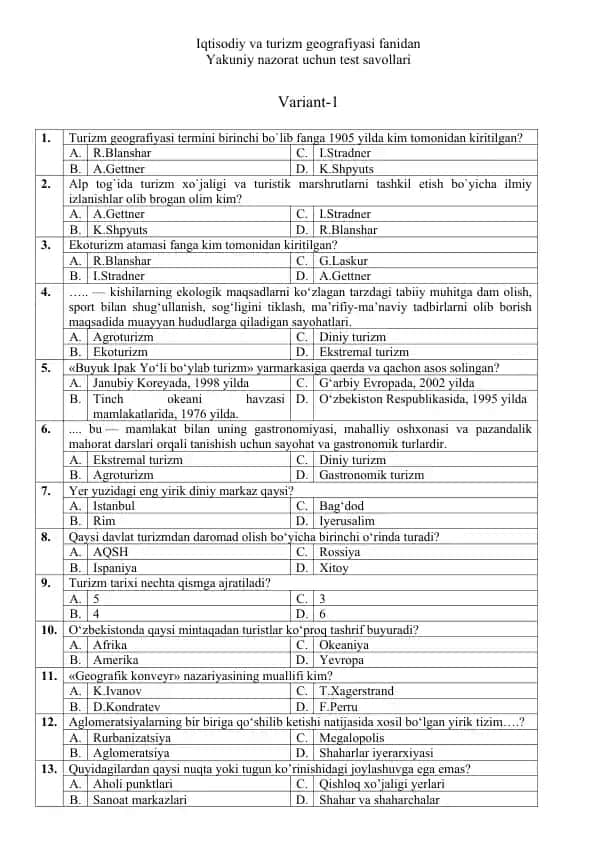 Turizm geografiyasi test savollari
