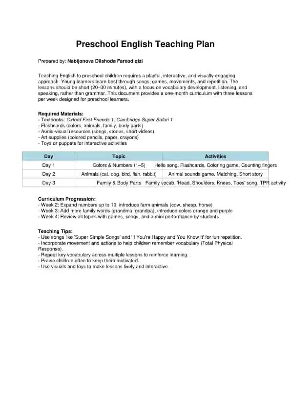 Preschool English Teaching Plan