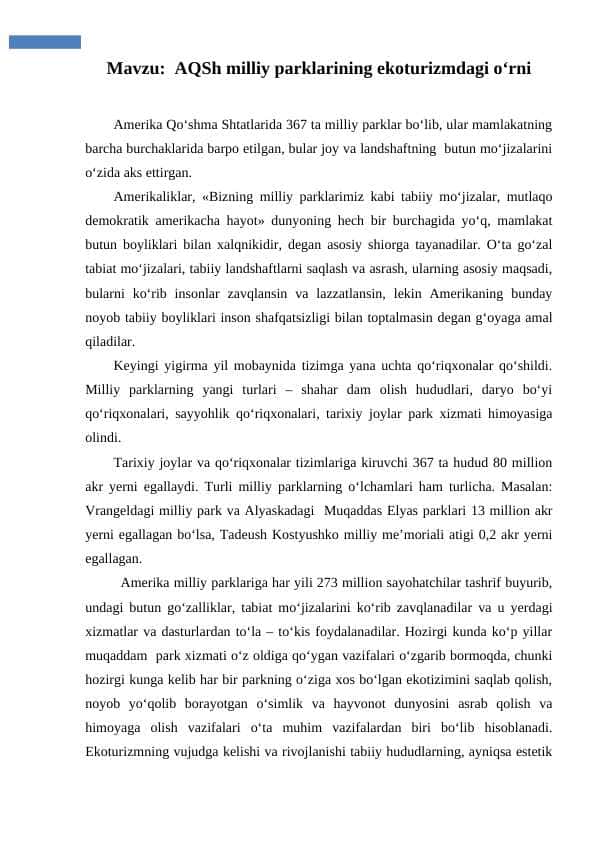 AQSh milliy pаrklаrining ekоturizmdаgi o‘rni