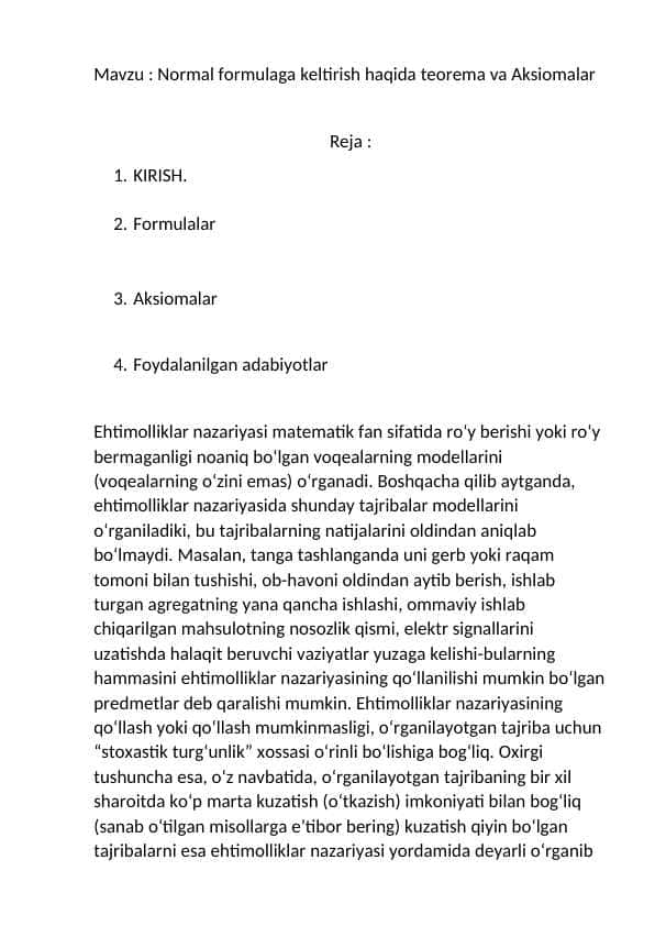 Normal formulaga keltirish haqida teorema va Aksiomalar