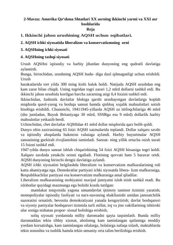 AQSh 20 asr ikkinchi yarmi 21 asrni boshlarida