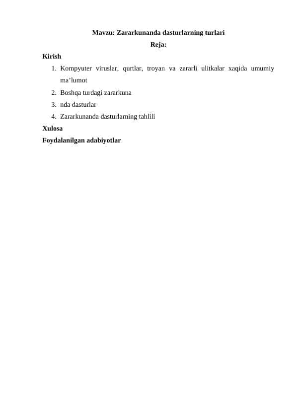 Zararkunanda dasturlarning turlari