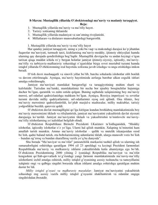 Mustaqillik yillarida Oʻzbekiston madaniy va maʼnaviy taraqqiyoti