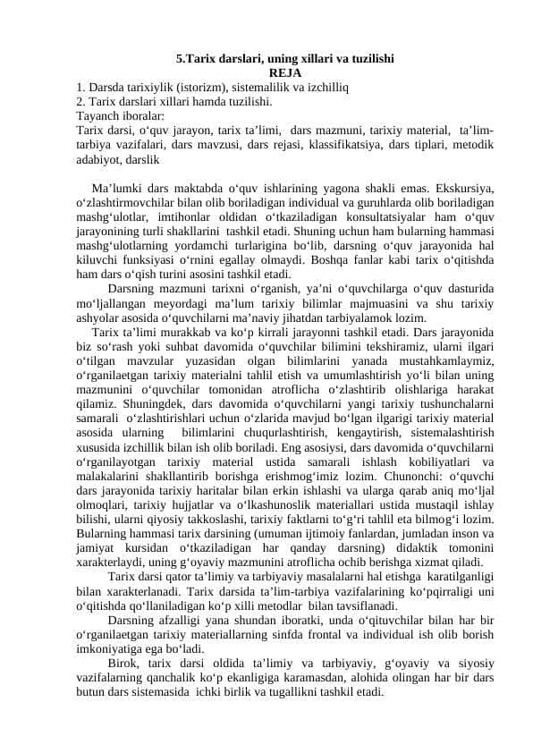 Tarix darslari uning xillari va turlari