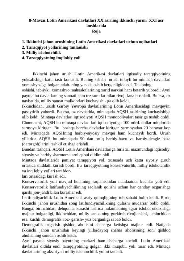 Lotin Amerikasi davlatlari 20 asr ikkinchi yarmi 21 asrni boshlarida