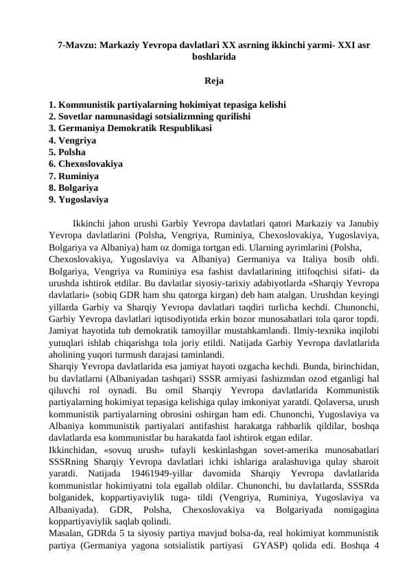 Markaziy Yevropa davlatlari 20 asrning ikkinchi yarmi 21 asrni boshlarida