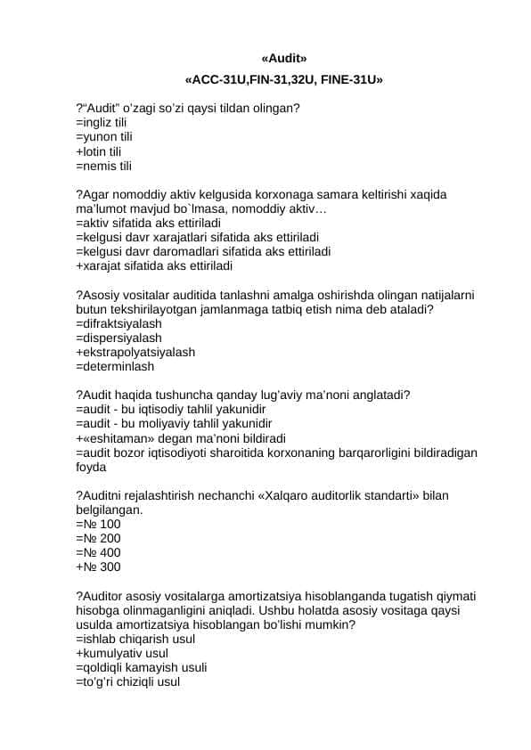AUDIT fanidan test savollari javoblari