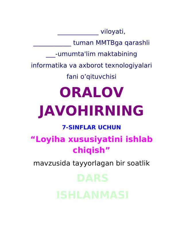 7-sinf informatika Loyiha xususiyatini ishlab chiqish+