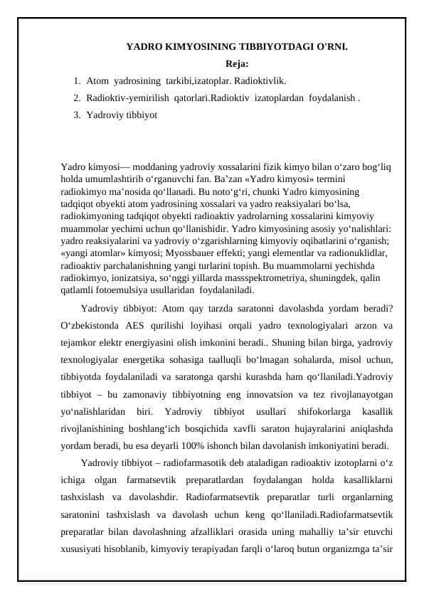 YADRO KIMYOSINING TIBBIYOTDAGI O'RNI