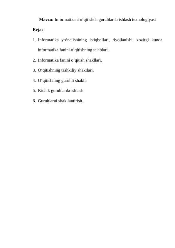 Informatikani o’qitishda guruhlarda ishlash texnologiyasi