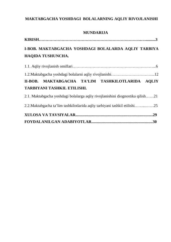MAKTABGACHA YOSHDAGI BOLALARNING AQLIY RIVOJLANISHI