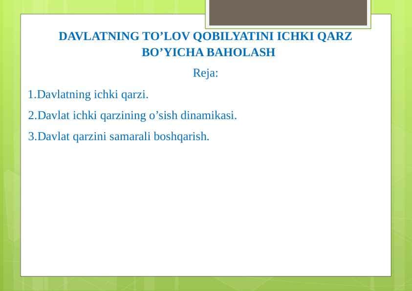 DAVLATNING TO’LOV QOBILYATINI ICHKI QARZ