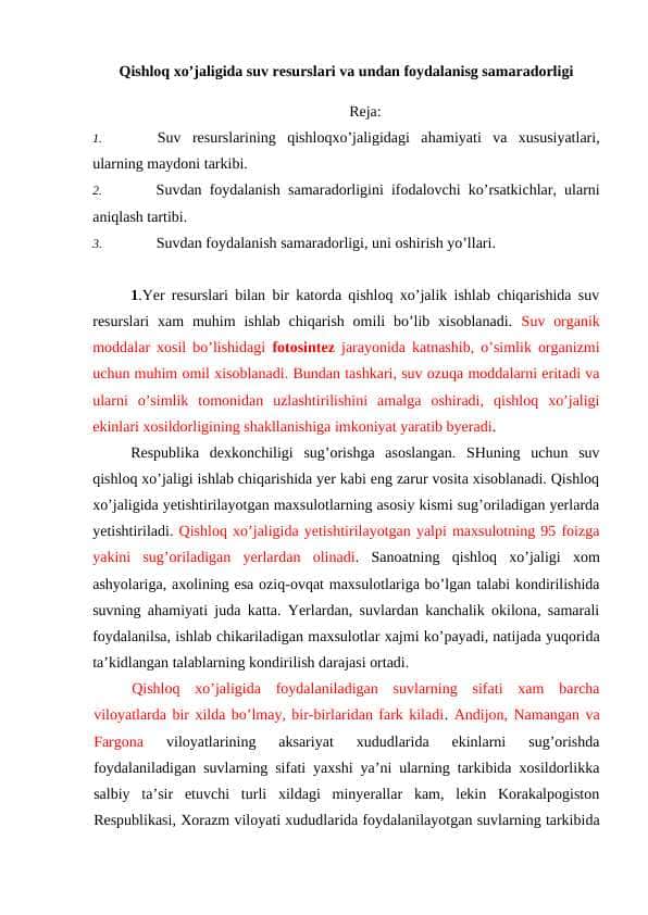 Qishloq xo’jaligida suv resurslari va undan foydalanisg samaradorligi