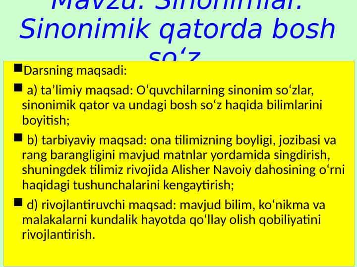 Sinonimlar. Sinonimik qatorda bosh soʻz