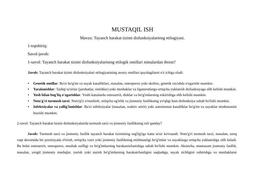 Tayanch harakat tizimi disfunksiyalarning etilogiyasi