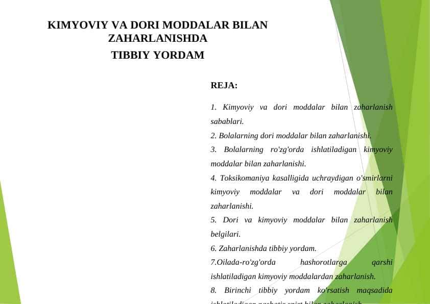 KIMYOVIY VA DORI MODDALAR BILAN ZAHARLANISH