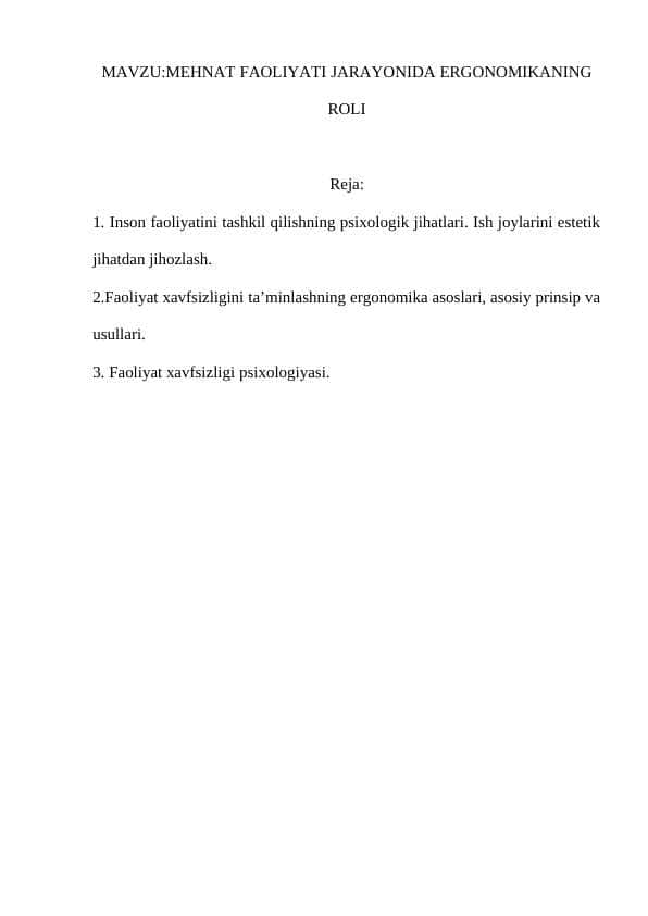 MEHNAT FAOLIYATI JARAYONIDA ERGONOMIKANING ROLI