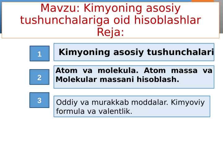 Kimyoning asosiy tushunchalariga oid hisoblashlar