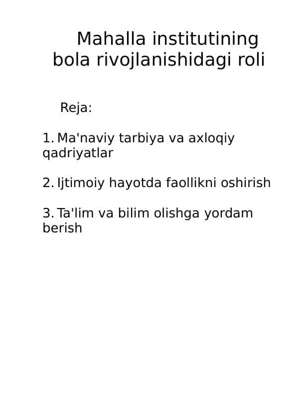 Mahalla institutining bola rivojlanishidagi roli