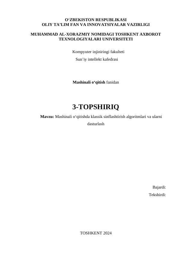 Mashinali o‘qitishda klassik sinflashtirish algoritmlari va ularni dasturlash