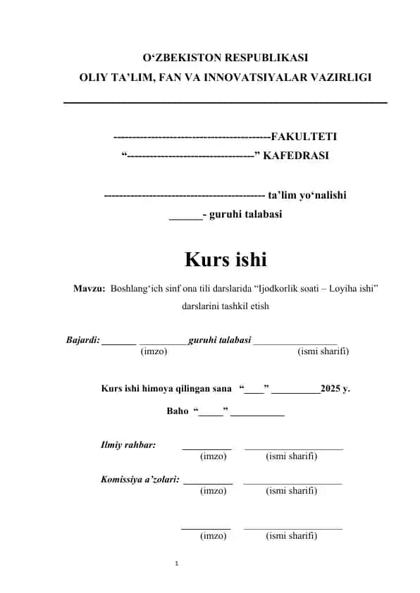 Boshlang‘ich sinf ona tili darslarida “Ijodkorlik soati – Loyiha ishi” darslarini tashkil etish