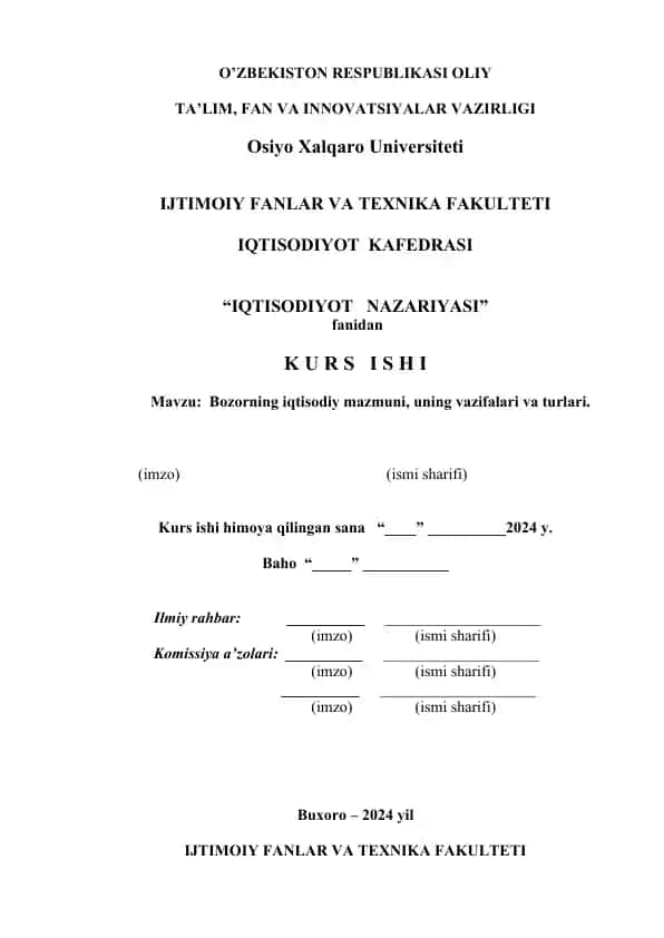 Bozorning iqtisodiy mazmuni, uning vazifalari va turlari.