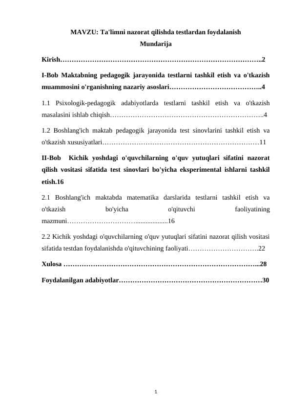 Ta'limni nazorat qilishda testlardan foydalanish
