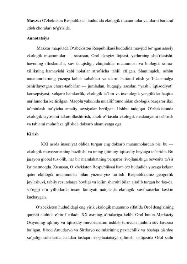 O'zbekiston Respublikasi hududida ekologik muammolar va ularni bartaraf etish choralari to'g'risida maqola.