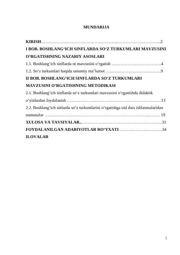 BOSHLANGʻICH SINFLARDA SOʻZ TURKUMLARI MAVZUSINI NAZARIY ASOSLARI