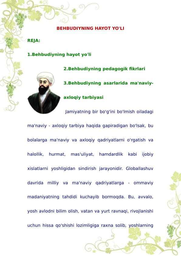 Behbudiyning hayot yo'li, asarlarida ma'naviy-axloqiy tarbiya