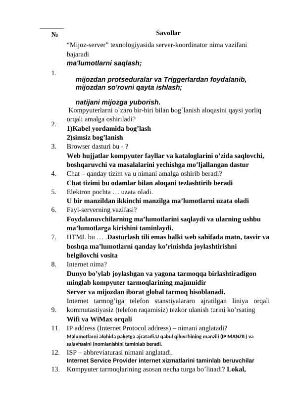 Komputer test savollari javoblari bilan