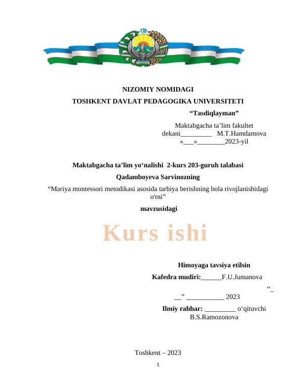 Mariya montessori metodikasi asosida tarbiya berishning bola rivojlanishidagi orni