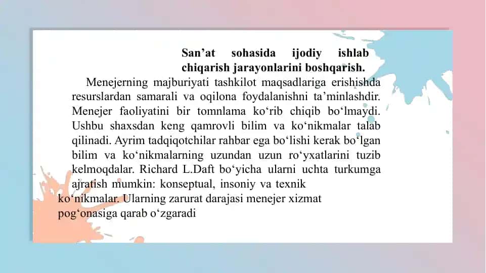 San’at sohasida ijodiy ishlab chiqarish jarayonlarini boshqarish