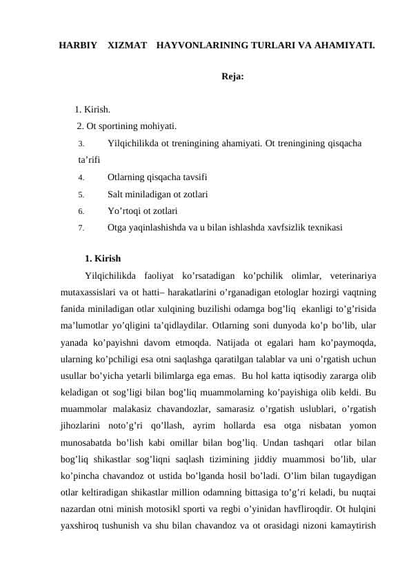 HARBIY XIZMAT HAYVONLARINING TURLARI VA AHAMIYATI.