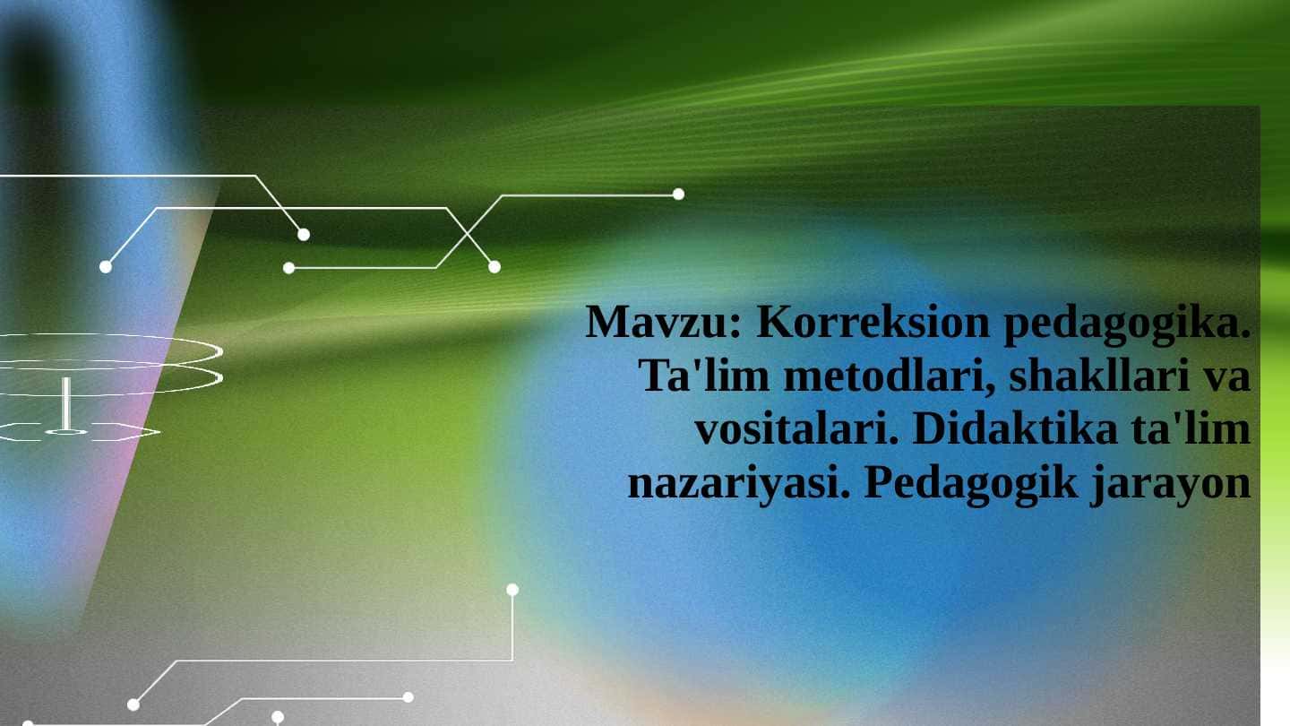 Korreksion pedagogika. Ta'lim metodlari, shakllari va vositalari. Didaktika ta'lim nazariyasi. Pedagogik jarayon
