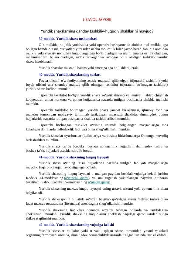 DXM boshqaruv xodmlari uchun mutaxassislikka oid savollar javoblari bilan