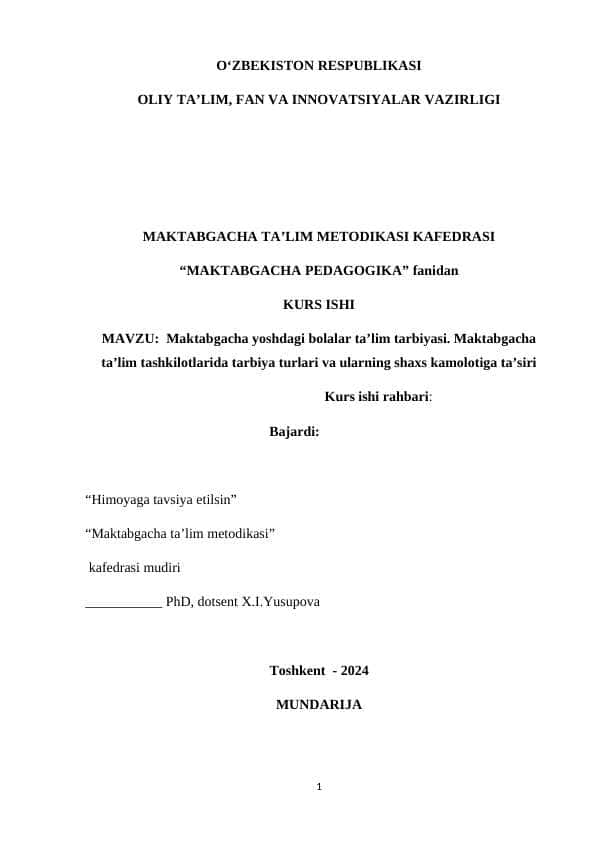Maktabgacha yoshdagi bolalar ta’lim tarbiyasi. Maktabgacha ta’lim tashkilotlarida tarbiya turlari va ularning shaxs kamolotiga ta’siri