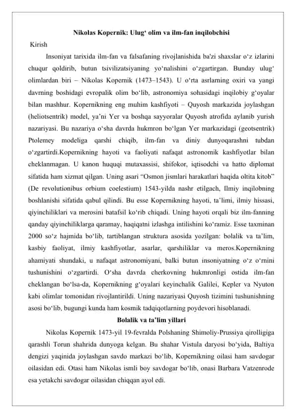 Nikolas Kopernik Ulug‘ olim va ilm-fan inqilobchis