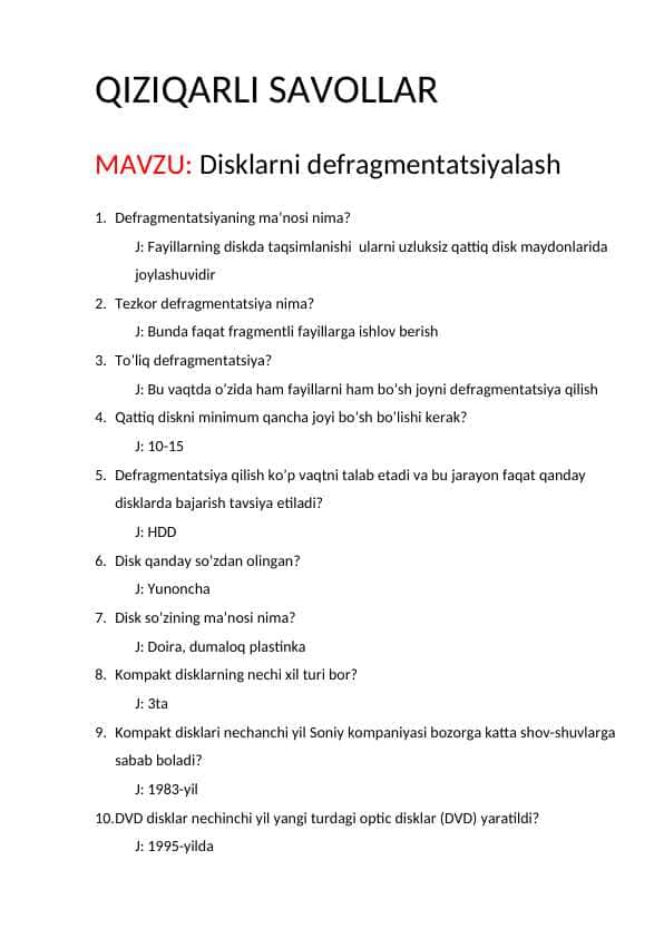 Disklarni defragmentatsiyalash