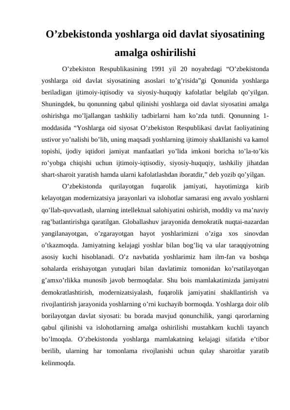 O’zbekistonda yoshlarga oid davlat siyosatining amalga oshirilishi