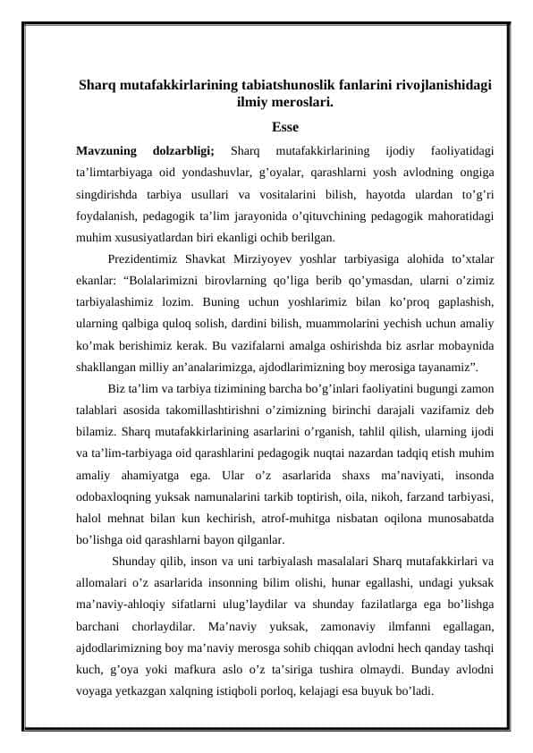 esse Sharq mutafakkirlarining tabiatshunoslik fanlarini rivojlanishidagi ilmiy meroslari.