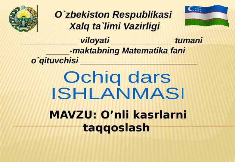 5-sinf matematika O’nli kasrlarni taqqoslash dars ishlanma