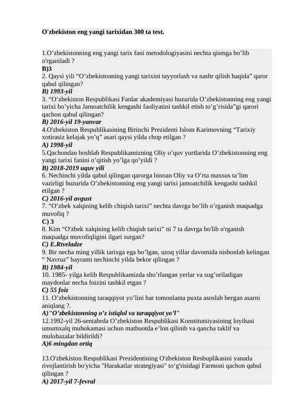 Òzbekiston eng yangi tarixi 300 ta test savollari va javoblari bilan