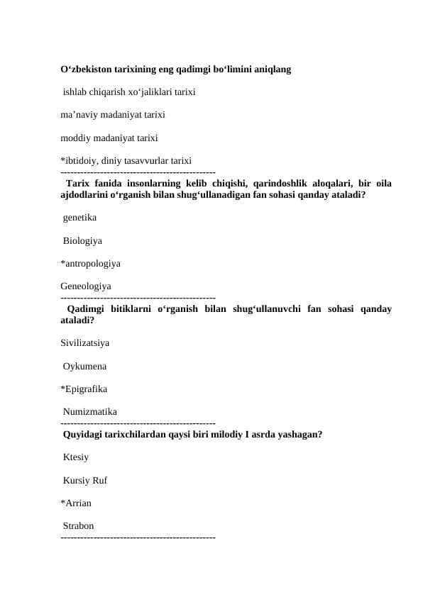 Tarix fanidan test baza javobi bilan