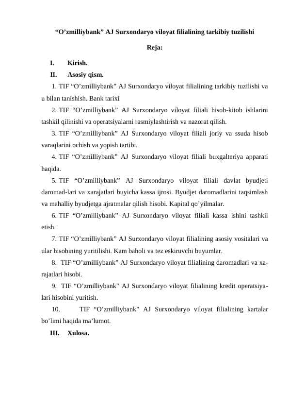 “O’zmilliybank” AJ Surxondaryo viloyat filialining tarkibiy tuzilishi