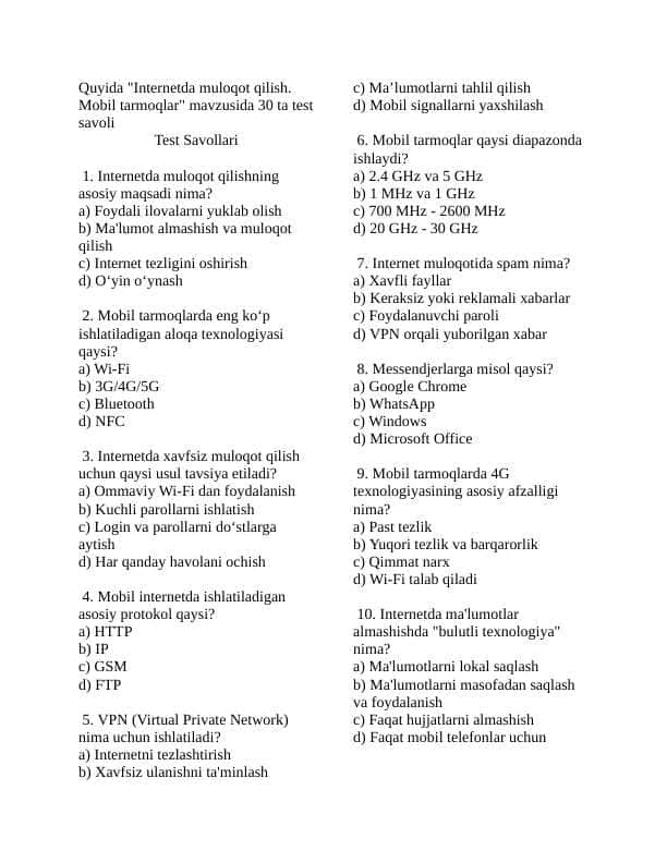 Internetda muloqot qilish. Mobil tarmoqlar mavzusida 30 ta test ( javoblari bilan )