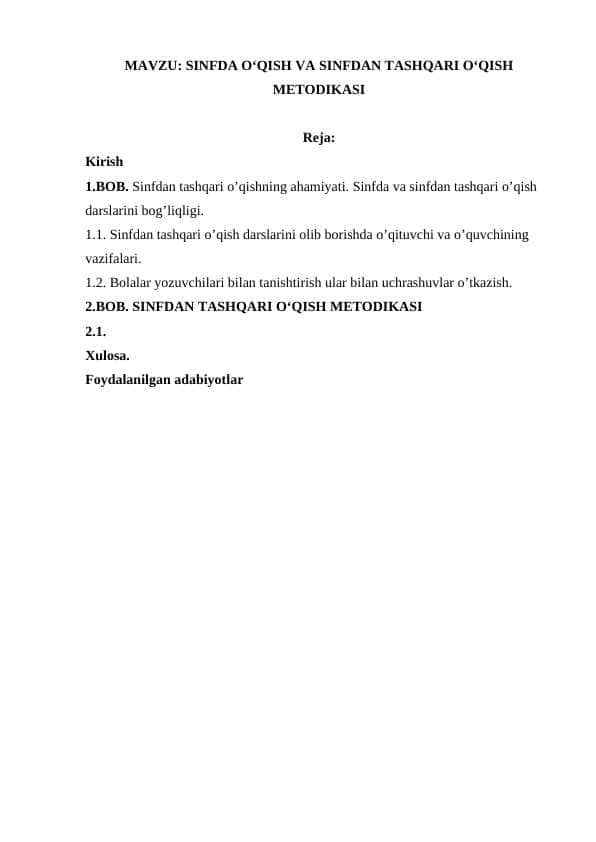 Sinfdan tashqari oʻqish metodikasi