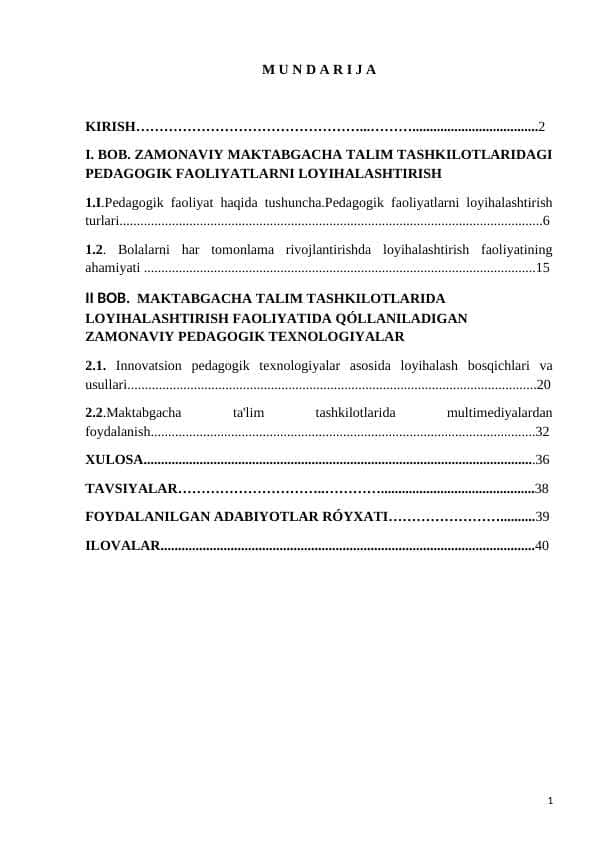 Maktabgacha taʼlim tashkilotlaridagi pedagogik faoliyatlarni loihalashtirish