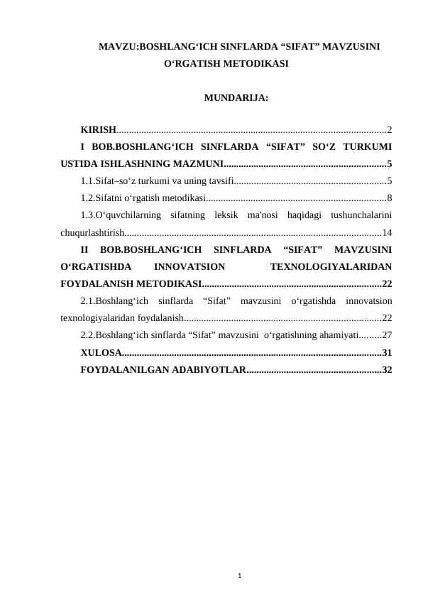 BOSHLANG‘ICH SINFLARDA “SIFAT” MAVZUSINI O‘RGATISH METODIKASI