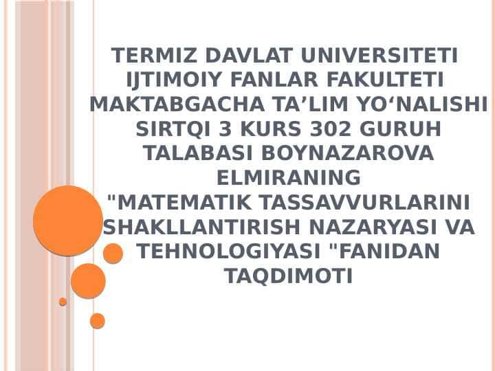 Maktabgacha yoshdagi bolalarning son va sanoq bo'yicha tasavvurlarini shakillantirish hisoblash amallari bilan tanishtirish.